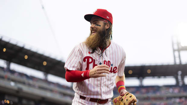 Aug 4, 2023; Philadelphia, Pennsylvania, USA; Philadelphia Phillies center fielder Brandon Marsh (16) takes the field for action against the Kansas City Royals at Citizens Bank Park. Mandatory Credit: Bill Streicher-USA TODAY Sports  